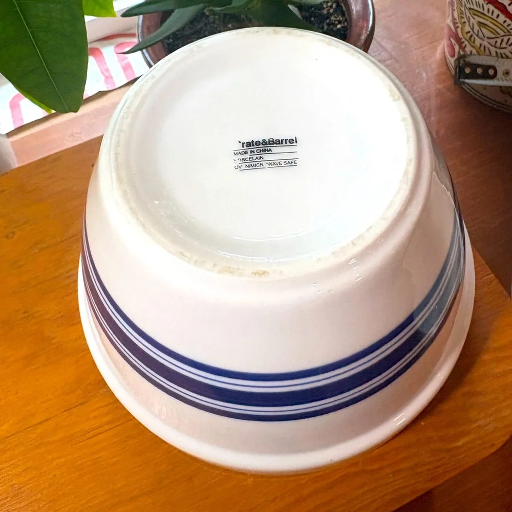 Two Crate and Barrel Heavy Ceramic Bowls White with Blue Stripes